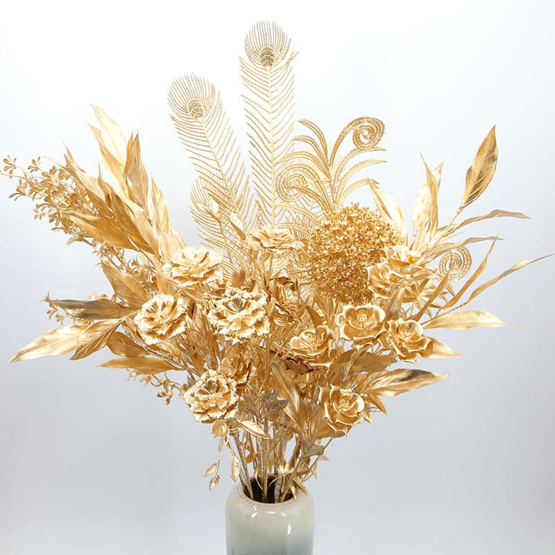 Gold artificial flower arrangement gold leaves gold color faux flower 